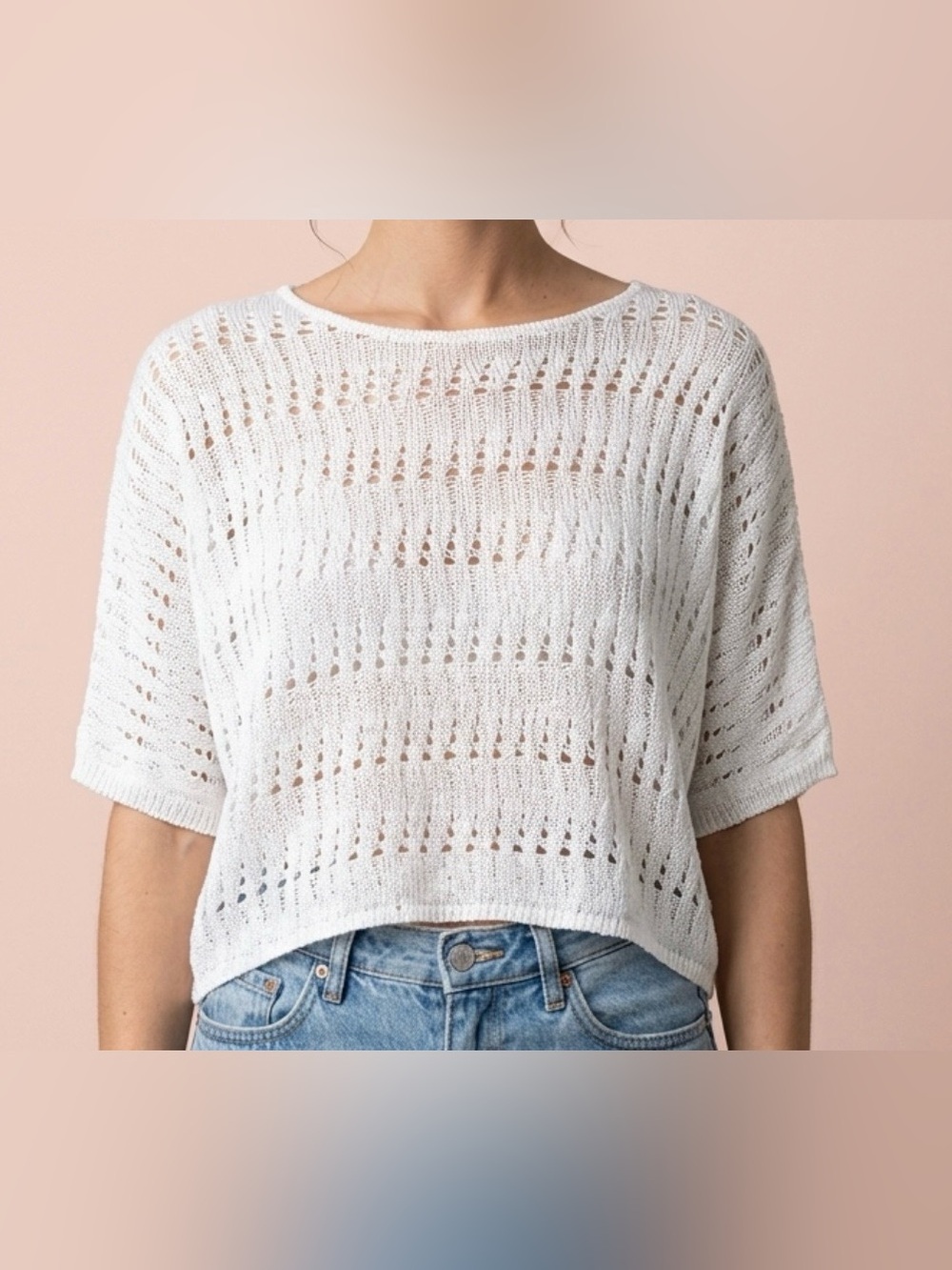 Sweet Romeo White Open-Weave Crewneck Sweater